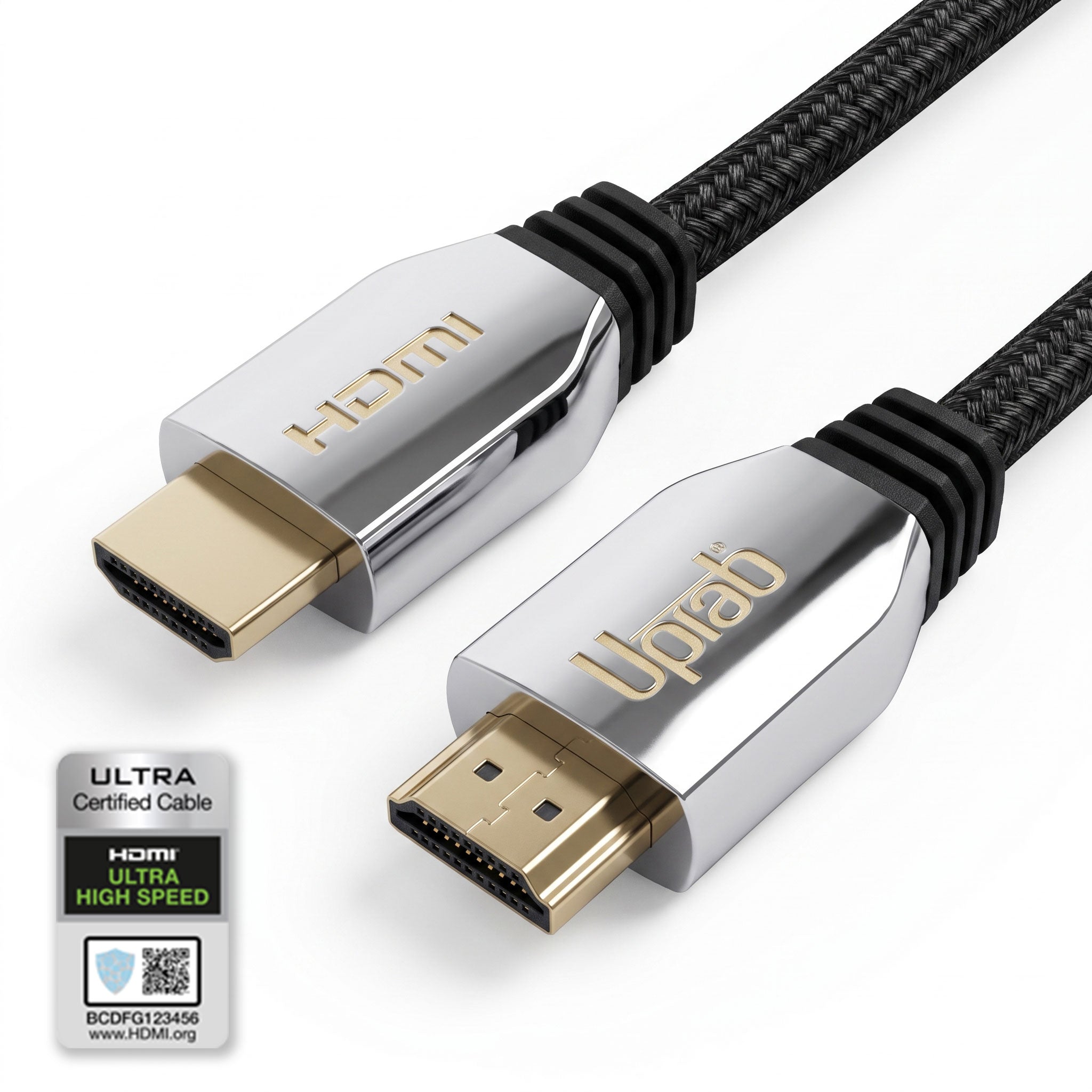 A UPTab HDMI 2.1 cable with two silver and gold connector heads and a black braided jacket, shown on a white background with an ULTRA Certified Cable badge.